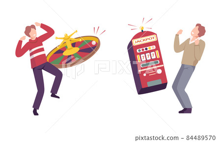 Lucky Man Winning Jackpot in Casino and Roulette Gambling Vector Set 84489570