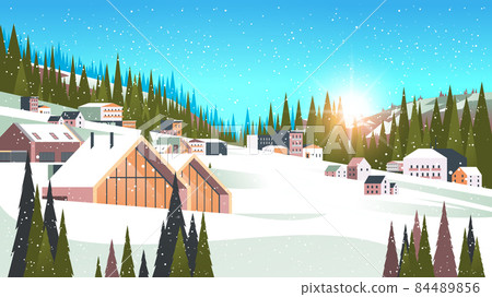snow covered buildings in winter season residential houses area ski resort concept new year and christmas celebration 84489856