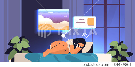 young woman sleeping in bed with electronic smart watch app tracker on hand quality and quantity sleep control 84489861