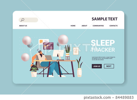 tired woman with electronic smart watch app tracker on hand sleeping at workplace quality and quantity sleep tired woman with electronic smart watch app tracker on hand sleeping at workplace quality and quantity sleep 84489883