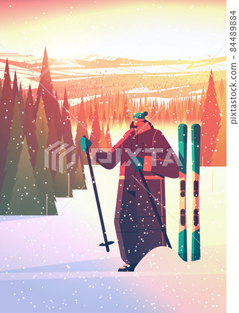skier woman sportswoman skiing doing activities winter vacation concept sunset snowfall landscape background skier woman sportswoman skiing doing activities winter vacation concept sunset snowfall landscape background 84489884