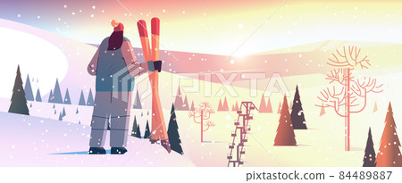 skier woman standing with equipment sportswoman skiing doing activities winter vacation concept skier woman standing with equipment sportswoman skiing doing activities winter vacation concept 84489887