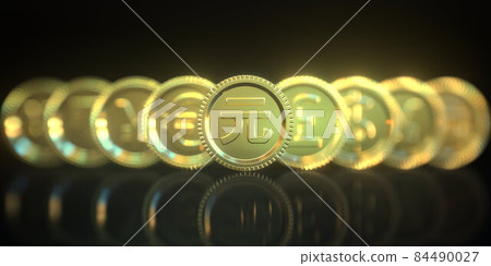 Renminbi and other currency symbols on golden coins on black background. Forex related conceptual 3D rendering Renminbi and other currency symbols on golden coins on black background. Forex related conceptual 3D rendering 84490027