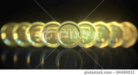 Korean won and other currency symbols on golden coins on black background. Forex related conceptual 3D rendering 84490031