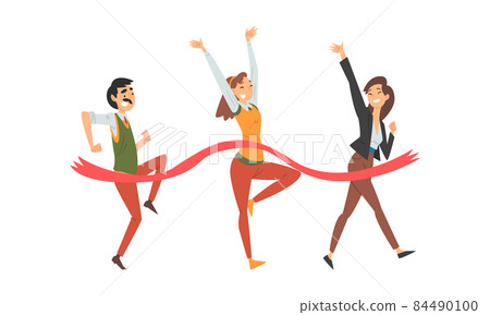 Cheerful Business Man and Woman Crossing Finish Line at Running Track Smiling Vector Set 84490100