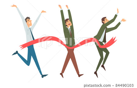 Cheerful Business Man Crossing Finish Line at Running Track Smiling Vector Set Cheerful Business Man Crossing Finish Line at Running Track Smiling Vector Set 84490103