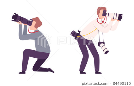 Photographer or Paparazzi Taking Photo with Modern Digital Camera Chasing Celebrity Vector Set 84490110