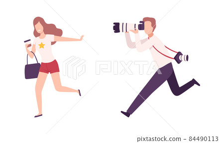 Photographer or Paparazzi Taking Photo with Modern Digital Camera Chasing Celebrity Vector Set Photographer or Paparazzi Taking Photo with Modern Digital Camera Chasing Celebrity Vector Set 84490113