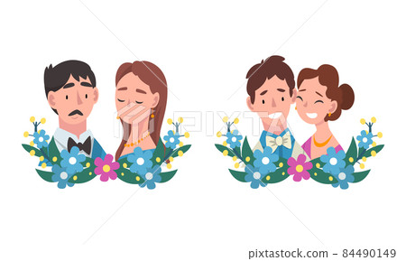 Man and Woman Newlywed Couple and Spouse with Semicircle Flower Composition Vector Set 84490149