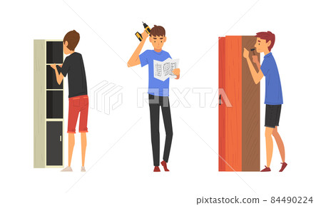 Young Man Assembling Wooden Wardrobe Engaged in Manual House Work Vector Set Young Man Assembling Wooden Wardrobe Engaged in Manual House Work Vector Set 84490224