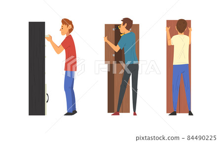 Young Man Assembling Wooden Wardrobe Engaged in Manual House Work Vector Set Young Man Assembling Wooden Wardrobe Engaged in Manual House Work Vector Set 84490225