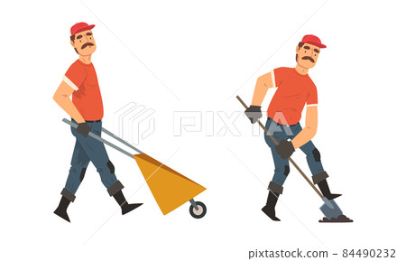 Mustached Man Gardener in Cap and Gloves with Shovel Digging and Wheelbarrow Working in the Yard Vector Set 84490232