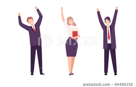 Happy Smiling Office Worker with Raised Hands Cheering About Goal Achievement Vector Set 84490256