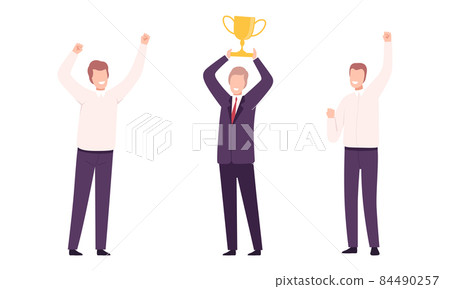 Happy Smiling Office Worker with Raised Hands Cheering About Goal Achievement Vector Set Happy Smiling Office Worker with Raised Hands Cheering About Goal Achievement Vector Set 84490257