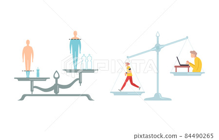 Outbalanced Scales with Different Things of Value Comparison with Water Consumption and Active Lifestyle Vector Set 84490265
