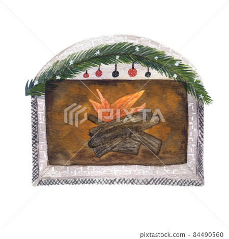 Watercolor isolated element fireplace with fire and christmas decorations 84490560
