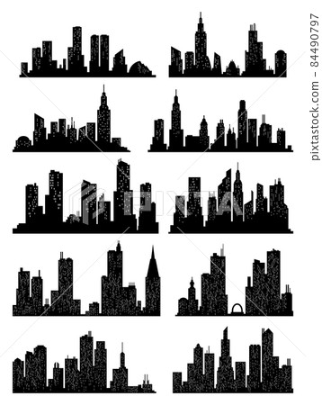 Cityscape silhouette collection. City buildings, night town and horizontal urban panorama silhouettes set. Skyline with windows in a flat style 84490797