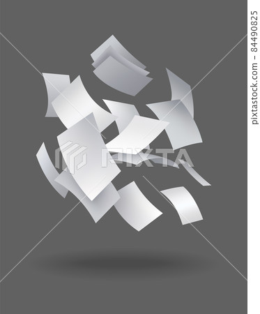 Realistic falling paper sheets. Set of flying curved leaves of paper. Vector loose soar of notes with curled edges. Fly scattered notes, empty chaotic paperwork 84490825