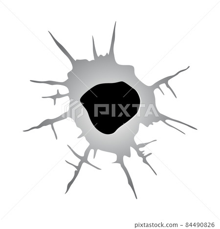 Ragged hole in metal or paper from bullet. Damage or crack on surface in monochrome color. Vector illustration isolated on white background 84490826