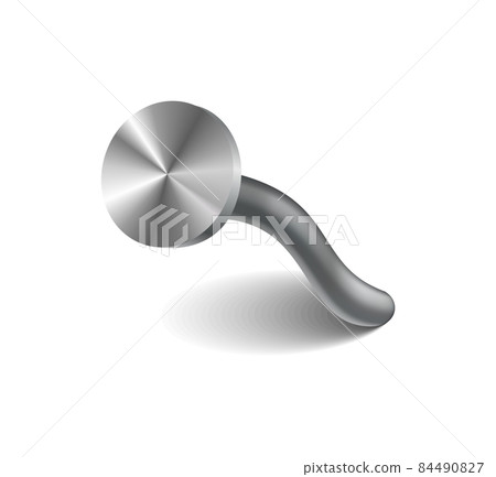 Hammered nail on surface. Iron, steel or silver pin head. Bent metal spike or hobnail with cap in cartoon style. Vector top view grey hardware for home construction, isolated on white background 84490827