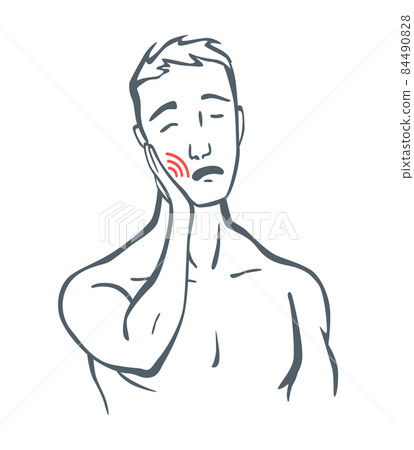 Body part pain. Man feels toothache marked with red lines. Vector foci of pain or trauma symbols, grey art line illustration Body part pain. Man feels toothache marked with red lines. Vector foci of pain or trauma symbols, grey art line illustration 84490828