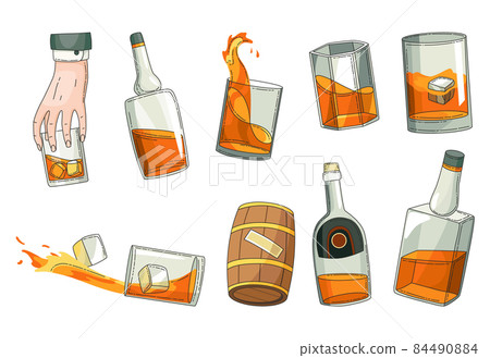 Whiskey advertising design elements. Advertising design symbols set. Glass bottle, man hand holding glass of scotch with ice cubes, wooden alcohol barrel icon collection. Vector alcohol products 84490884
