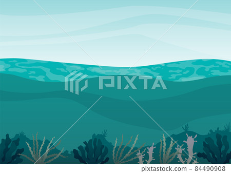 Garbage polluted ocean. Cartoon nature scenery with sea surface water and underwater. Global ecological problem Garbage polluted ocean. Cartoon nature scenery with sea surface water and underwater. Global ecological problem 84490908