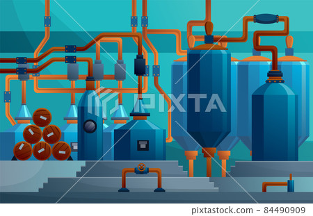 Beer factory production process of fermentation filtration and boil, cooling and filling. Bbrewing manufactory, production line or drink production process. Flat design plant facilities 84490909