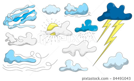 Set of cartoon clouds of different shapes. Hand drawn clouds, sun and weather patterns for illustration decoration. Isolated vector on white background Set of cartoon clouds of different shapes. Hand drawn clouds, sun and weather patterns for illustration decoration. Isolated vector on white background 84491043