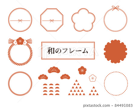 Illustration set of Japanese style frame material. Japanese pattern design material. Plum, shimenawa, New Year, New Year decorations. 84491083