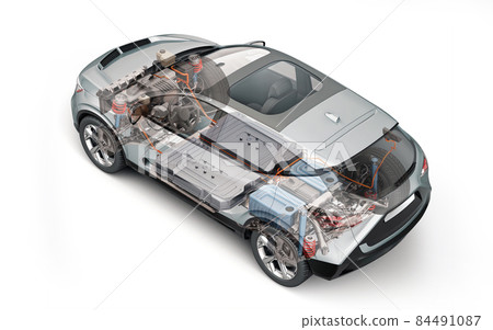 Electric car technical cutaway 3d rendering. Electric car technical cutaway 3d rendering. 84491087