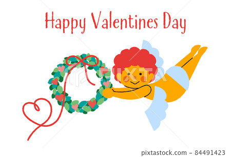Illustration of a simple and cute Cupid with a wreath with a heart ribbon 2 Illustration of a simple and cute Cupid with a wreath with a heart ribbon 2 84491423