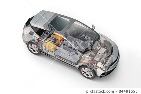 Electric car technical cutaway 3d rendering. Electric car technical cutaway 3d rendering. 84491653
