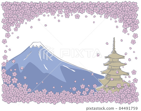 插圖與富士山和櫻花框架中的五層寶塔 84491759
