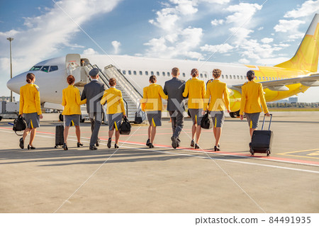 Airline workers with travel bags walking down the airfield 84491935