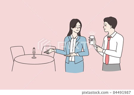 Waitress look at restaurant client QR vaccination code Waitress look at restaurant client QR vaccination code 84491987