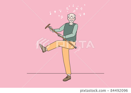Smiling elderly man relax dancing with walking stick Smiling elderly man relax dancing with walking stick 84492096