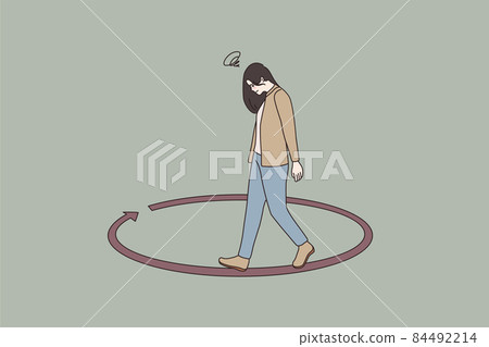Unhappy woman walking in circle thinking of problems Unhappy woman walking in circle thinking of problems 84492214