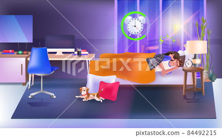 couple sleeping in bed with alarm clock modern bedroom interior horizontal full length couple sleeping in bed with alarm clock modern bedroom interior horizontal full length 84492215