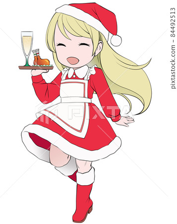一位微笑的金發女服務員端著香檳和雞肉 84492513