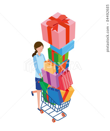 Isometric illustration of a woman carrying a purchased item in a shopping cart Isometric illustration of a woman carrying a purchased item in a shopping cart 84492685