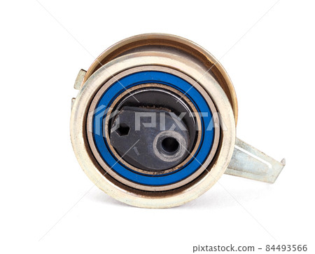Defective used car timing belt tensioner on white background, isolate. Close-up Defective used car timing belt tensioner on white background, isolate. Close-up 84493566