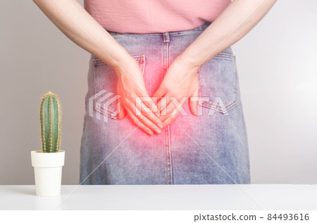 A cactus on the background of a woman in a denim skirt is holding her anus with her hands. Bowel problems, constipation and diarrhea concept. Obstructed bowel syndrome 84493616