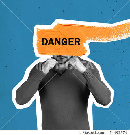 Contemporary art collage of man raising fists isolated over blue background. Danger situation Contemporary art collage of man raising fists isolated over blue background. Danger situation 84493874