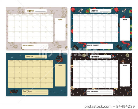 Vector set of weekly planner, to do list, note, background with doodle pirate print. School planner with doodle sketch. A map with a hand-drawn sketch of a mermaid ship and pirate items. Template for 84494259