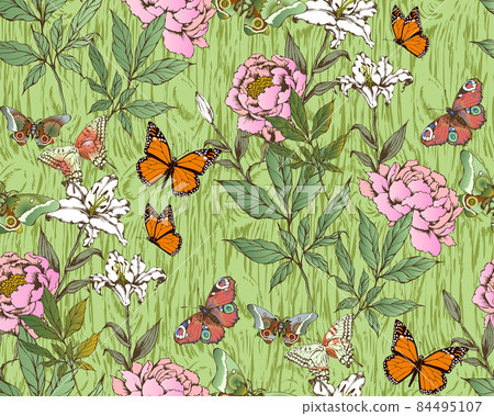 Seamless pattern. Flowers, butterflies, wood texture.  84495107