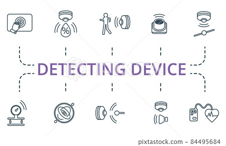 Detecting Device icon set. Collection of simple elements such as the humidity sensor, water sensor, 13, pressure sensor, motion sensor, tilt sensor. Detecting Device icon set. Collection of simple elements such as the humidity sensor, water sensor, 13, pressure sensor, motion sensor, tilt sensor. 84495684