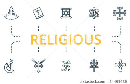 Religious icon set. Collection of simple elements such as the judaism, gnosticism, hinduism, atheism, buddhism, bible. Religious icon set. Collection of simple elements such as the judaism, gnosticism, hinduism, atheism, buddhism, bible. 84495686