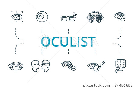Oculist icon set. Collection of simple elements such as the glasses, blindness, 13, vision correction, astigmatism, cataract surgery. 84495693