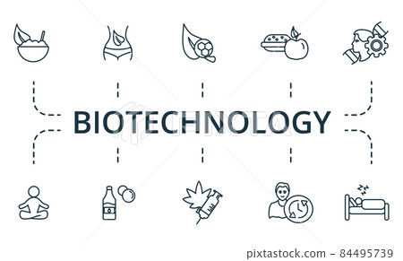 Biotechnology icon set. Collection of simple elements such as the detox, biohacking, child train, horse carousel, clown, tickets, fastfood. Biotechnology icon set. Collection of simple elements such as the detox, biohacking, child train, horse carousel, clown, tickets, fastfood. 84495739